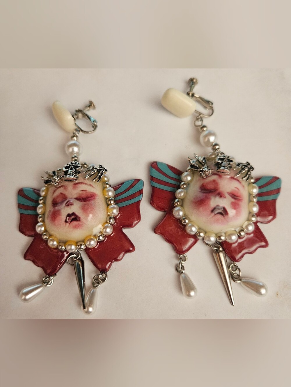 Hand-Painted Goth Clown Face Faux Pearl Drop Earrings in Red and Cream